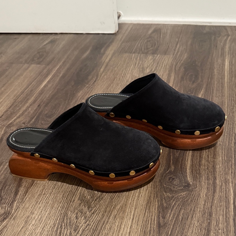 STAUD Black Suede Mules with Wooden Platform